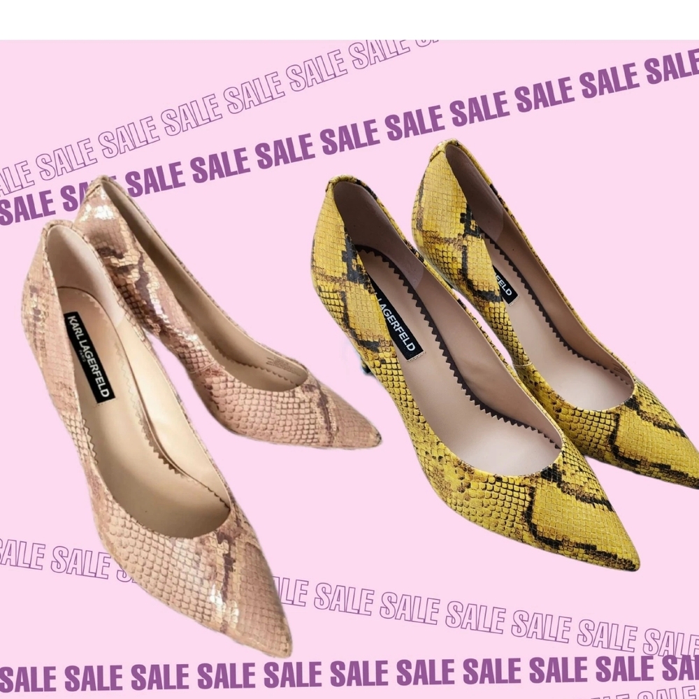 KARL LAGERFELD Paris Royale Metallic Nude Yellow Snakeskin Print Shoes lot of 2